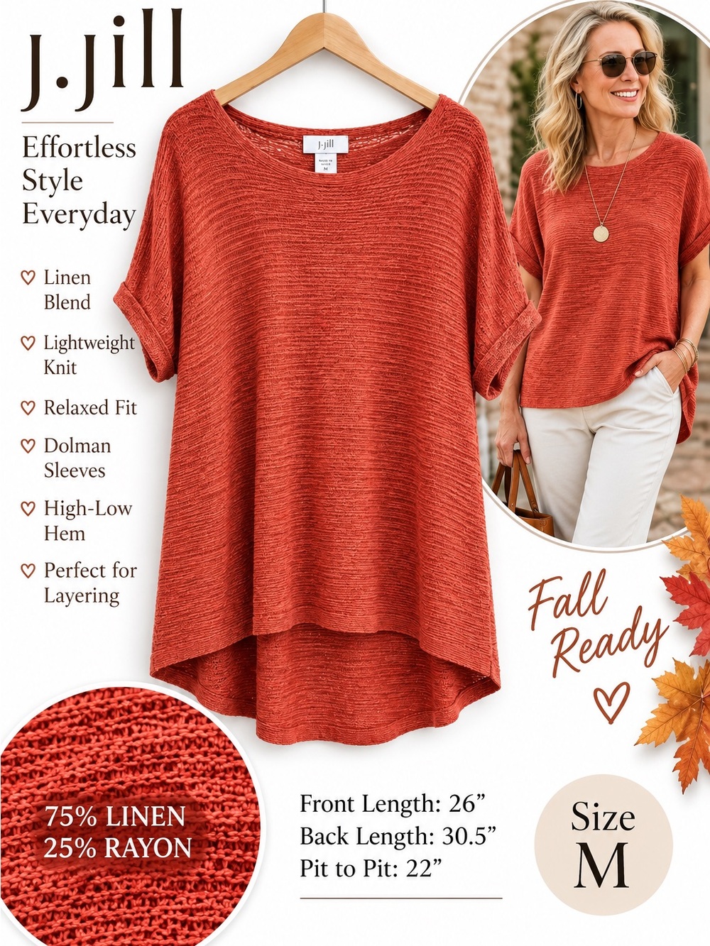J.Jill Women’s M Linen Blend High Low Dolman Knit Top Coral Orange